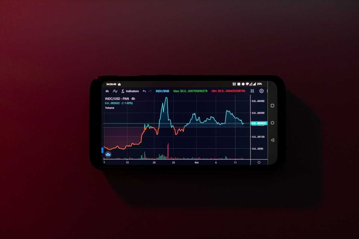 a cell phone displaying a stock chart on a red background