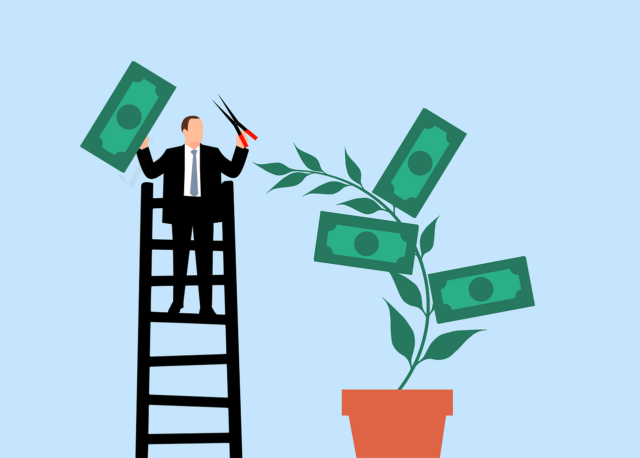 business man, investment, profit, gain, business, collect, money, plant, trim, trimming, scissors, nature, finance, success, growth, wealth, cash, rich, savings, income, earnings, accounting, cartoon, salary, payment, passive income
