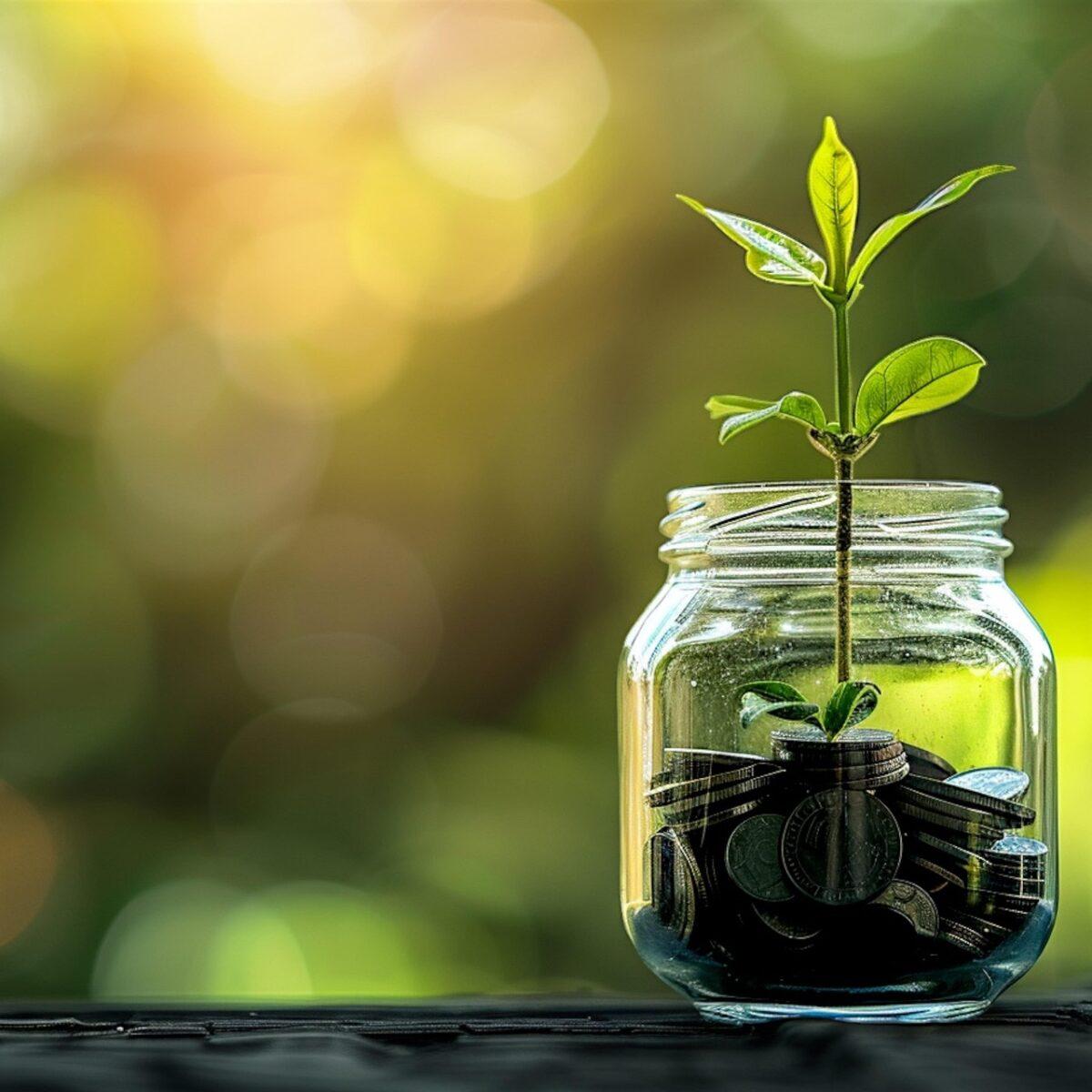 seedling, coins, jar, glass, pant grow, currency, grow rich, green seedling, nature, invest smart, investment, money, finance, business, profit, wealth, financial, benefit, deposit, green background, energy, green, eco, plant, wind